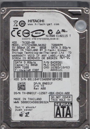 HTS723280L9A362 Hitachi 80GB SATA 2.5 Inch Hard Drive