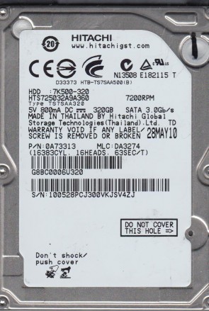 HTS725032A9A360 Hitachi 320GB SATA 2.5 Inch Hard Drive
