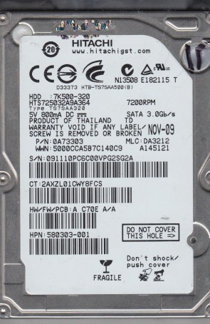 HTS725032A9A364 Hitachi 320GB SATA 2.5 Inch Hard Drive