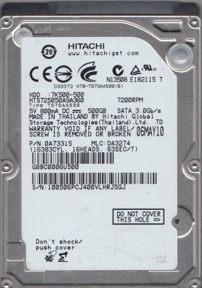 HTS725050A9A360 Hitachi 500GB SATA 2.5 Inch Hard Drive