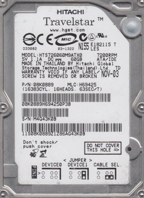 HTS726060M9ATX0 Hitachi 60GB IDE 2.5 Inch Hard Drive