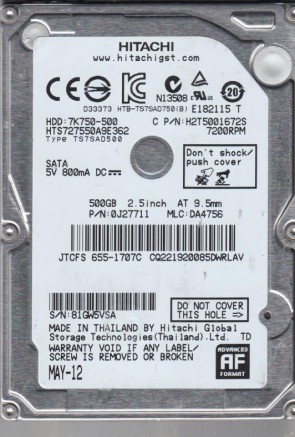 HTS727550A9E362 Hitachi 500GB SATA 2.5 Inch Hard Drive
