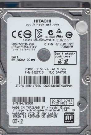 HTS727575A9E362 Hitachi 750GB SATA 2.5 Inch Hard Drive