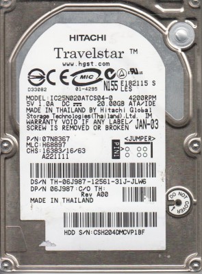 IC25N020ATCS04-0 Hitachi 20GB IDE 2.5 Inch Hard Drive