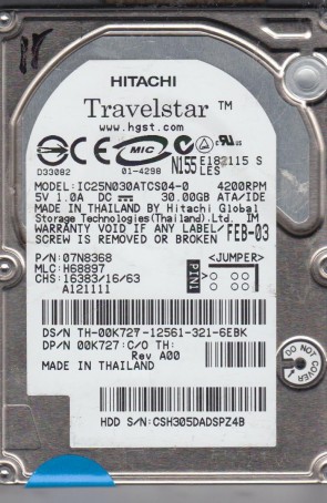 IC25N030ATCS04-0 Hitachi 30GB IDE 2.5 Inch Hard Drive