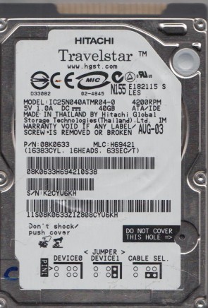 IC25N040ATMR04-0 Hitachi 40GB IDE 2.5 Inch Hard Drive