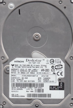 IC35L040AVVA07-0 Hitachi 40GB IDE 3.5 Inch Hard Drive