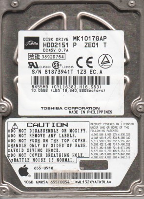 MK1017GAP Toshiba 10GB IDE 2.5 Inch Hard Drive