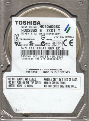 MK1060GSC Toshiba 100GB SATA 2.5 Inch Hard Drive