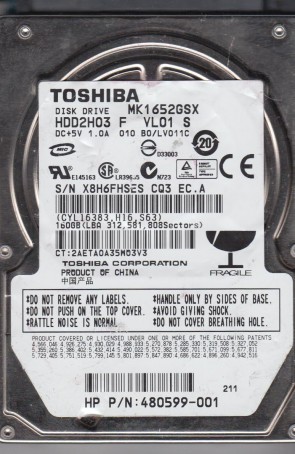 MK1652GSX Toshiba 160GB SATA 2.5 Inch Hard Drive