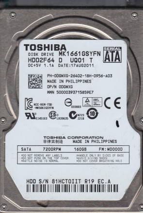 MK1661GSYF Toshiba 160GB SATA 2.5 Inch Hard Drive