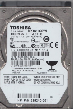 MK1661GSYN Toshiba 160GB SATA 2.5 Inch Hard Drive
