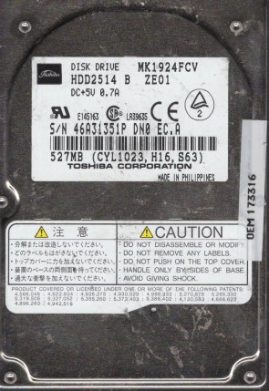 MK1924FCV Toshiba 527MB IDE 2.5 Inch Hard Drive