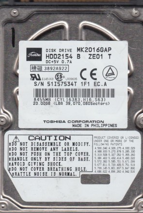 MK2016GAP Toshiba 20GB IDE 2.5 Inch Hard Drive