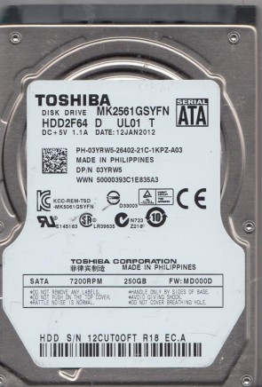 MK2561GSYF Toshiba 250GB SATA 2.5 Inch Hard Drive