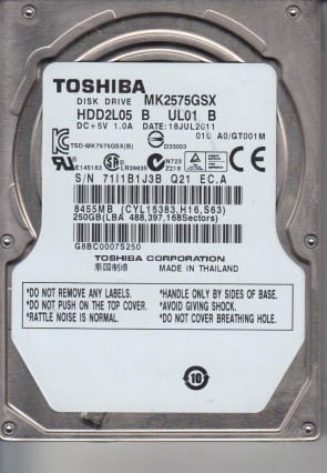 MK2575GSX Toshiba 250GB SATA 2.5 Inch Hard Drive