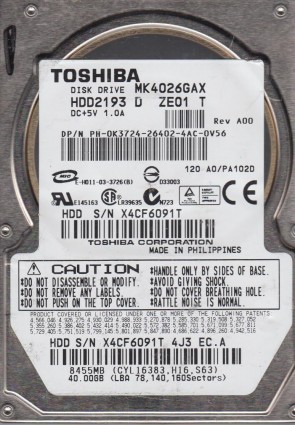 MK4032GAX Toshiba 40GB IDE 2.5 Inch Hard Drive