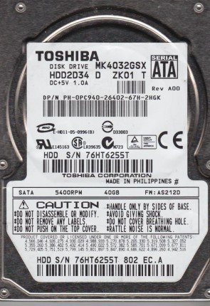 MK4032GSX Toshiba 40GB SATA 2.5 Inch Hard Drive
