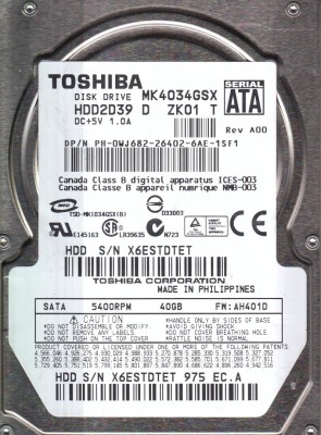 MK4034GSX Toshiba 40GB SATA 2.5 Inch Hard Drive