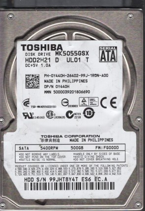 MK5055GSX Toshiba 500GB SATA 2.5 Inch Hard Drive