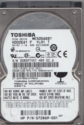 MK5056GSY Toshiba 500GB SATA 2.5 Inch Hard Drive
