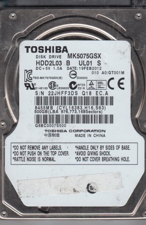 MK5075GSX Toshiba 500GB SATA 2.5 Inch Hard Drive