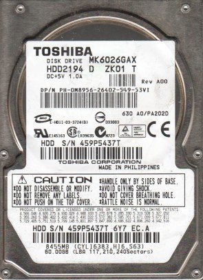 MK6026GAX Toshiba 60GB IDE 2.5 Inch Hard Drive