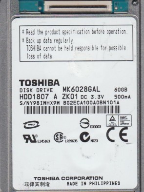 MK6028GAL Toshiba 60GB ZIF 1.8 Inch Hard Drive