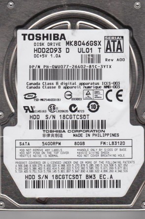 MK8046GSX Toshiba 80GB SATA 2.5 Inch Hard Drive