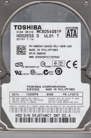 MK8054GSYF Toshiba 80GB SATA 2.5 Inch Hard Drive