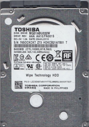 MQ01ABU032W Toshiba 320GB SATA 2.5 Inch Hard Drive
