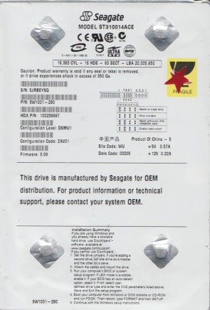 ST310014ACE Seagate 10GB IDE 3.5 Inch Hard Drive