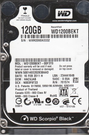 WD1200BEKT Western Digital 120GB SATA 2.5 Inch Hard Drive