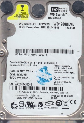 WD1200BEVE Western Digital 120GB IDE 2.5 Inch Hard Drive