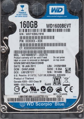 WD1600BEVT Western Digital 160GB SATA 2.5 Inch Hard Drive