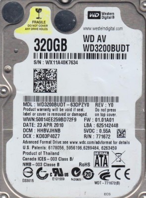 WD3200BUDT Western Digital 320GB SATA 2.5 Inch Hard Drive