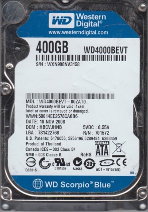 WD4000BEVT Western Digital 400GB SATA 2.5 Inch Hard Drive