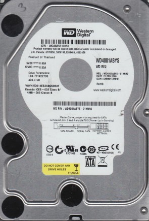 WD4001ABYS Western Digital 400GB SATA 3.5 Inch Hard Drive