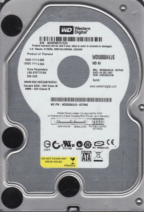 WD5000AVJS Western Digital 500GB SATA 3.5 Inch Hard Drive