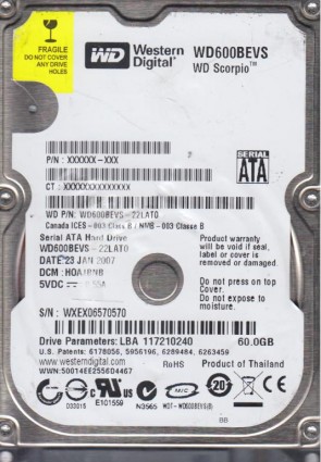 WD600BEVS Western Digital 60GB SATA 2.5 Inch Hard Drive