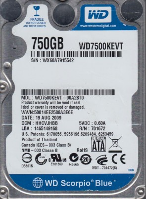 WD7500KEVT Western Digital 750GB SATA 2.5 Inch Hard Drive