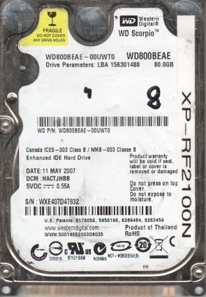 WD800BEAE Western Digital 80GB IDE 2.5 Inch Hard Drive