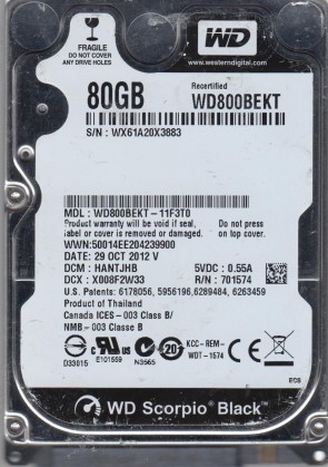 WD800BEKT Western Digital 80GB SATA 2.5 Inch Hard Drive