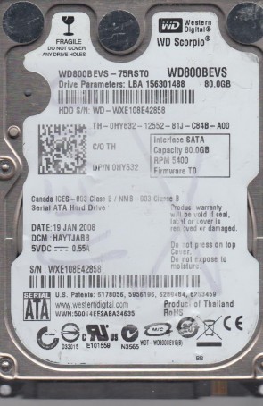 WD800BEVS Western Digital 80GB SATA 2.5 Inch Hard Drive