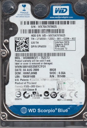 WD800BEVT Western Digital 80GB SATA 2.5 Inch Hard Drive