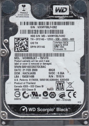 WD800BJKT Western Digital 80GB SATA 2.5 Inch Hard Drive